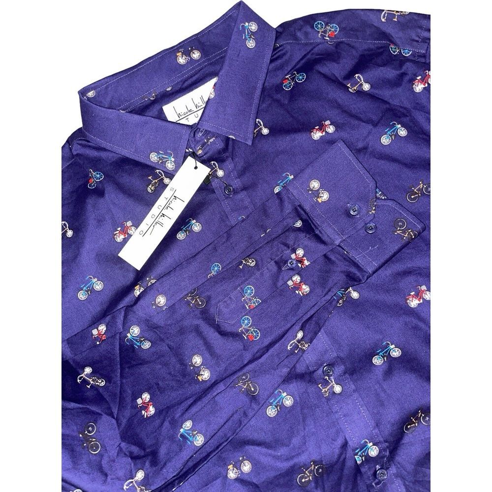 NICOLE MILLER STUDIO‎ BICYCLE ALL OVER BUTTON UP DRESS SHIRT Blue Mens XXL